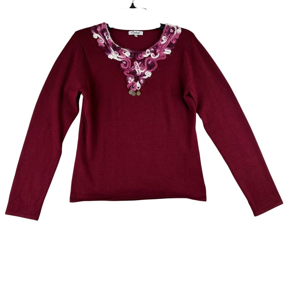 Vintage Carducci Sweater Women M Embroider Scoop Neck Art To Wear Coin Embellish